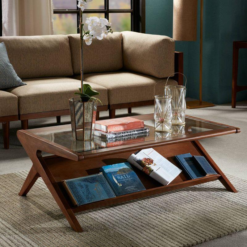 Retro Walnut Rubberwood Coffee Table with Glass Top