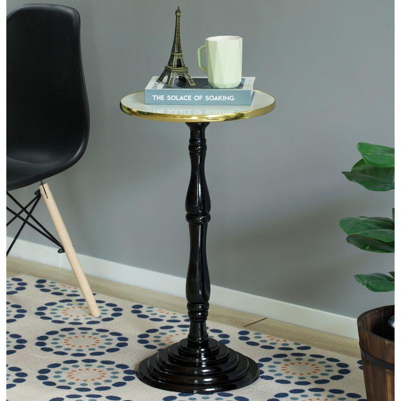 Espresso Wooden Round Pedestal Side Table with Glossy Marble Top