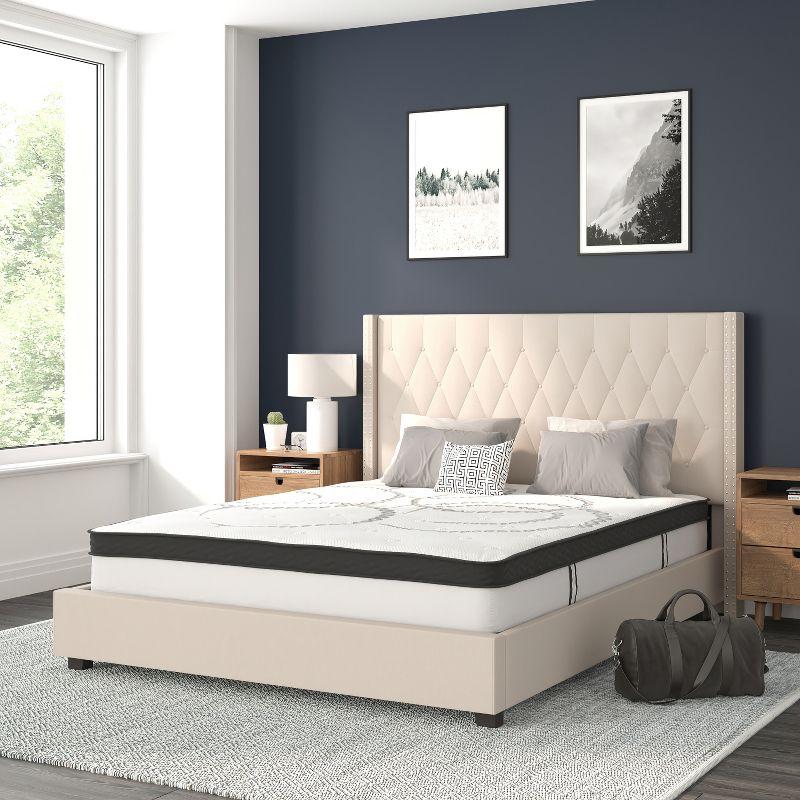 Flash Furniture Riverdale Queen Size Tufted Upholstered Platform Bed in Beige Fabric with 10 Inch CertiPUR-US Certified Pocket Spring Mattress