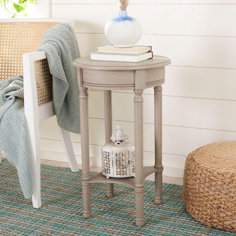 Elegant Greige Round Wooden Accent Table with Timeless Turned Legs