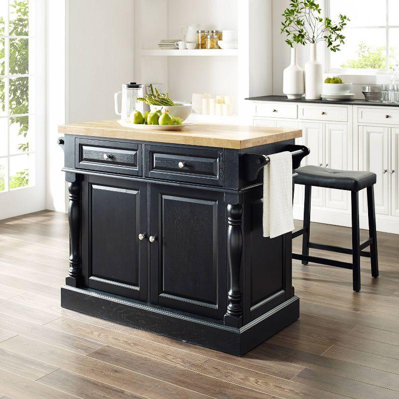 Oxford Kitchen Island with 2 Upholstered Saddle Stools Black - Crosley: Pass-Through Storage, Towel Bars, Wood Veneer