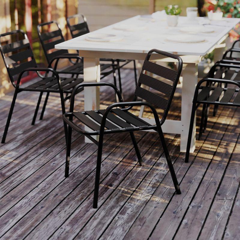 Flash Furniture Lila Commercial Black Metal Indoor-Outdoor Restaurant Stack Chair with Metal Triple Slat Back and Arms