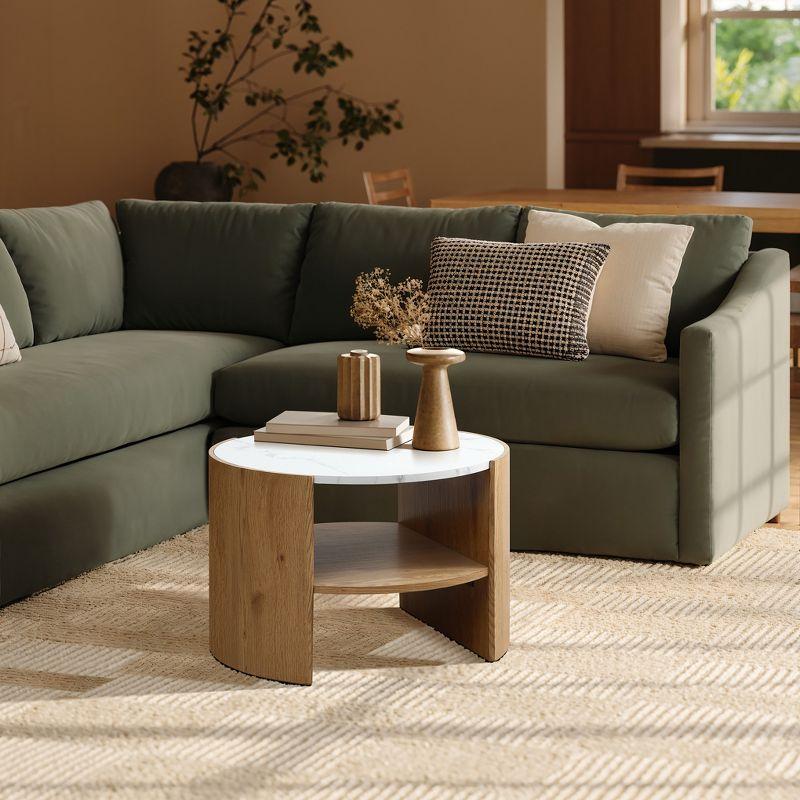 LuxenHome Natural Finish Manufactured Wood 23.6-Inch Round Coffee Table with Faux Marble Top Brown