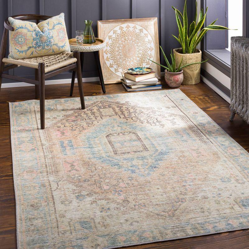 Alanya Blue and Beige Washable Chenille Runner Rug