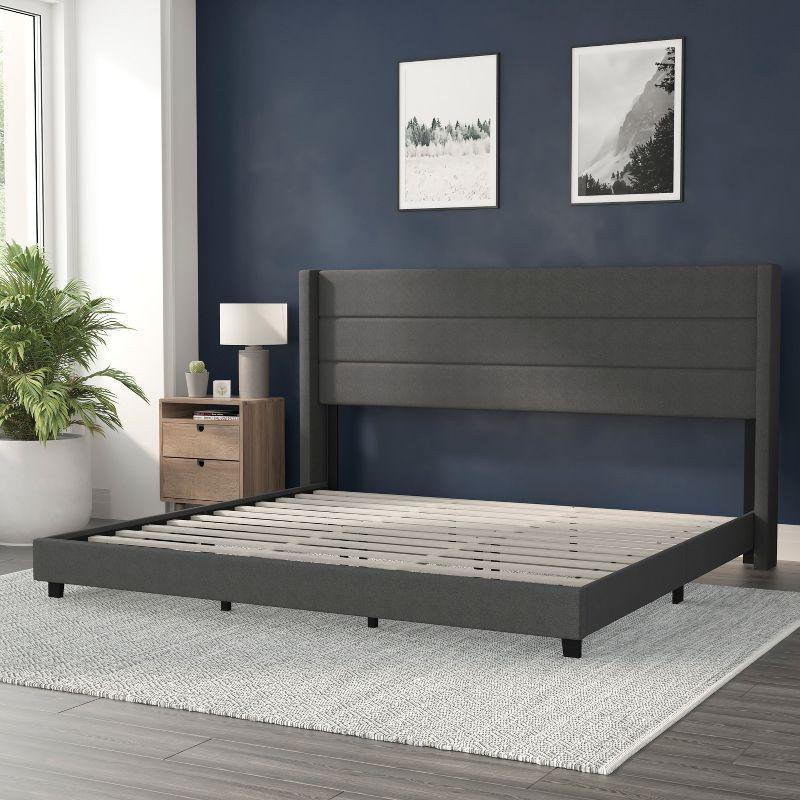 Flash Furniture King Size Upholstered Platform Bed with Wingback Headboard-Charcoal Faux Linen