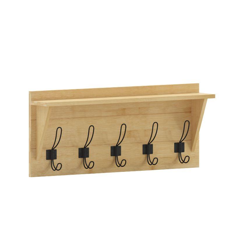 Bamboo Finish Pine Wood 24 Inch Wall Mount Storage Rack with Hooks