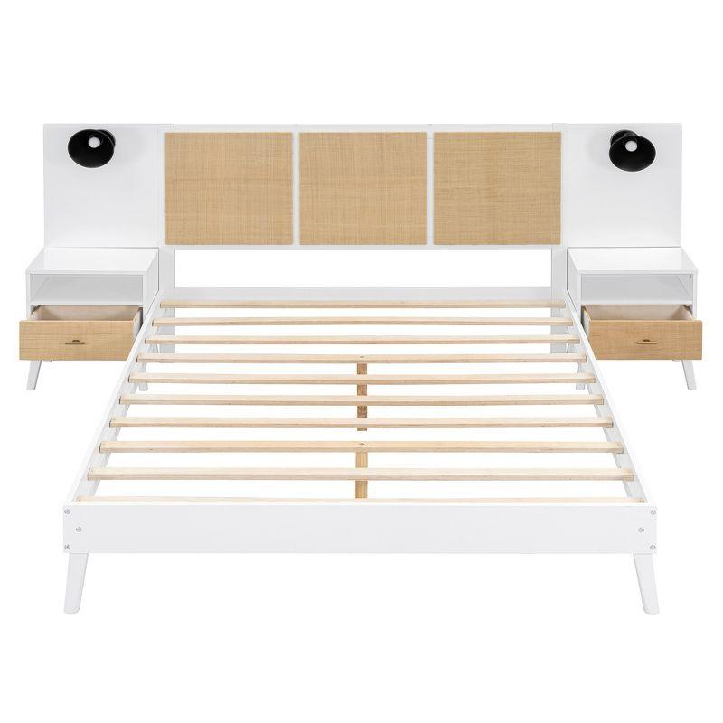 Queen Size Solid Wood Bed Frame with 2 Nightstands, Elegant Rattan and Wood Combination Platform Bed with Lamps, White - ModernLuxe