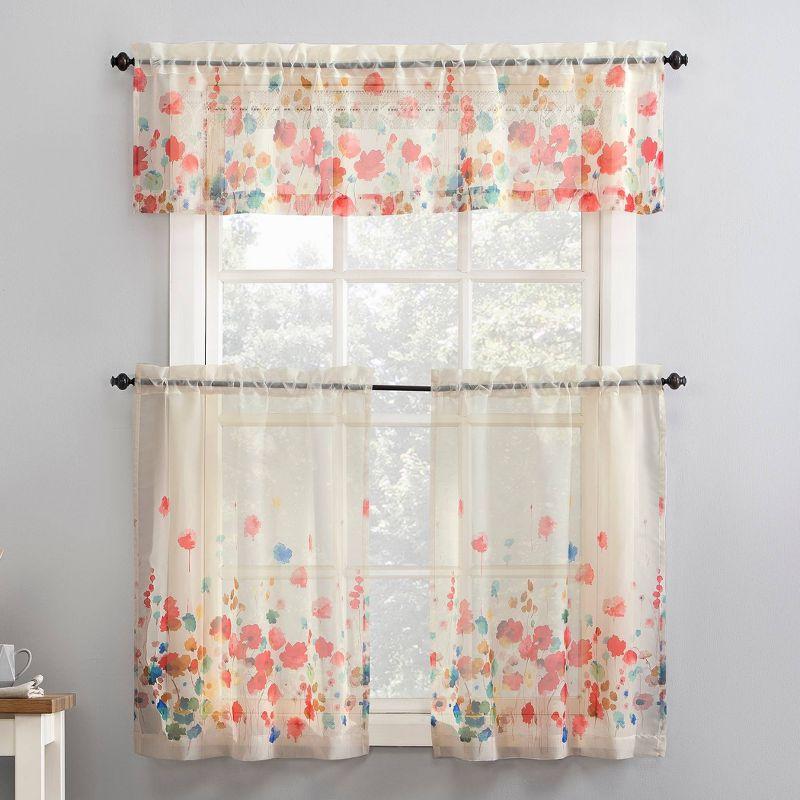 Rosalind Watercolor Floral Semi-Sheer Rod Pocket Kitchen Curtain Valance and Tiers Set Poppy Red - No. 918