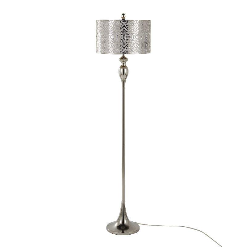 LumiSource Ashland 63" Floor Lamp: Polished Nickel, Laser Cut Metal, White Linen Shade