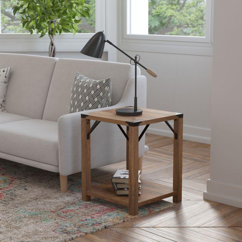 Rustic Oak Square End Table with Metal Accents