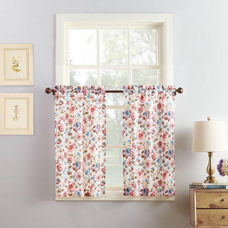 54"x36" No. 918 Sheer Dora Floral Rod Pocket Kitchen Curtain Panel Set Coral: Light Filtering, Polyester, Indoor Use