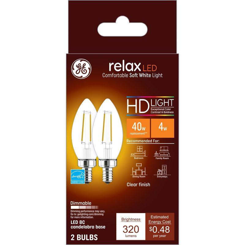 GE 2pk 40W Relax Clear LED Decorative Light Bulbs Soft White: E12 Candelabra Base, Dimmable, Energy Star, 13.7-Year Life