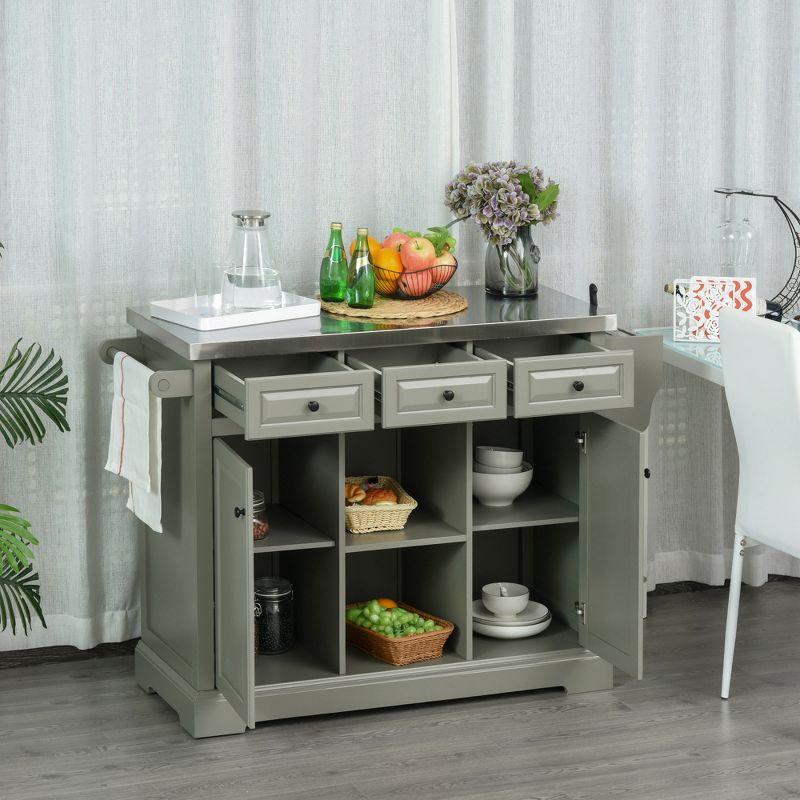 Gray Stainless Steel Top Kitchen Cart with Spice Rack and Storage