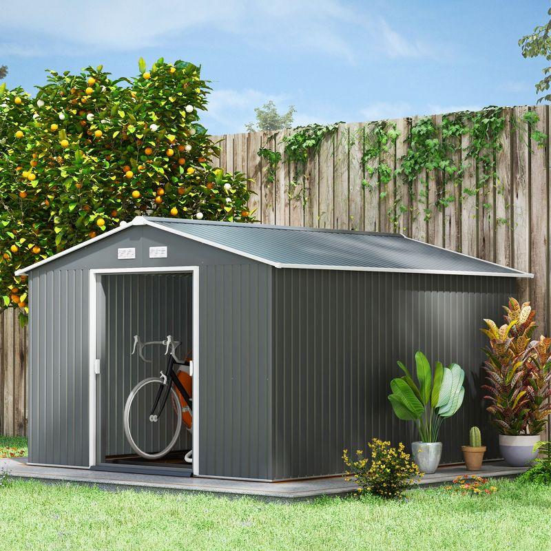 Outsunny 11' x 9' Metal Storage Shed Garden Tool House with Double Sliding Doors, 4 Air Vents for Backyard, Patio