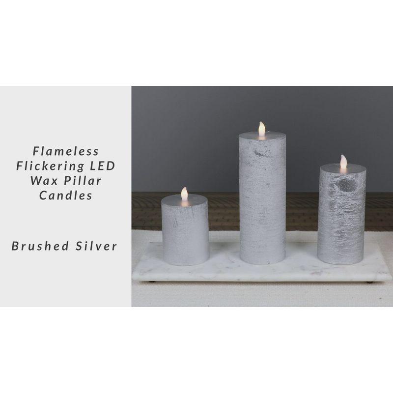 Northlight Flameless Flickering LED Wax Pillar Candles - 8" - Brushed Silver - Set of 3