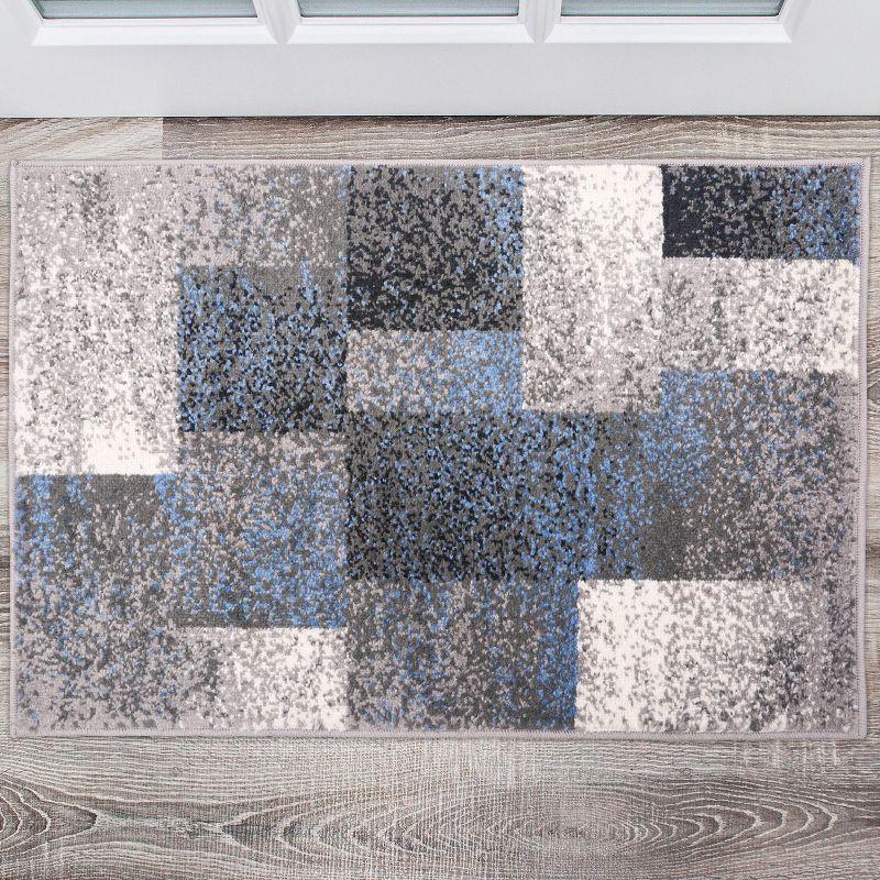 Modern Blue Polypropylene Geometric Boxes Area Rug 2' x 3'