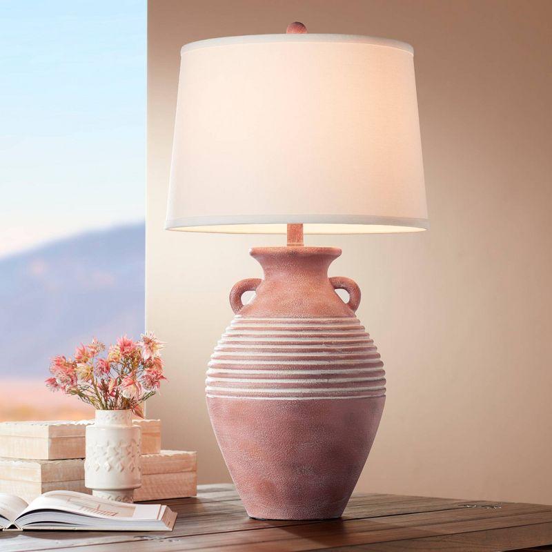 Rustic Red Sandstone Table Lamp with Linen Drum Shade