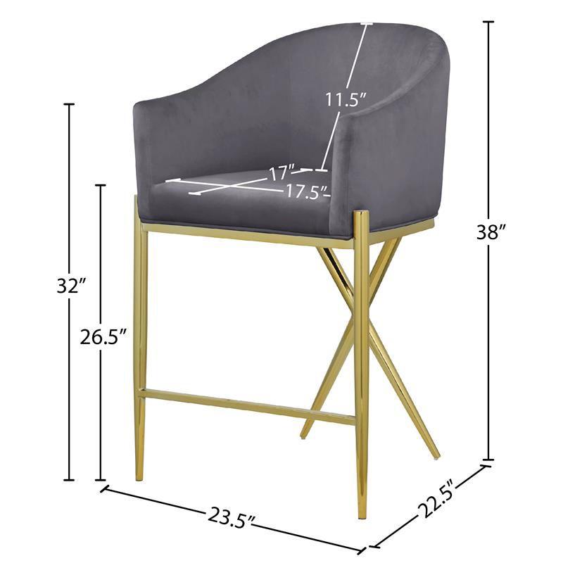 Meridian Furniture Xavier Gray Velvet Counter Stool with Gold Metal Legs