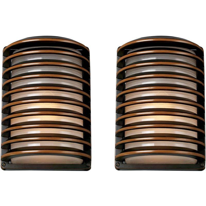 Banded Grid Bronze Wall Sconces with Frosted Glass - Set of 2