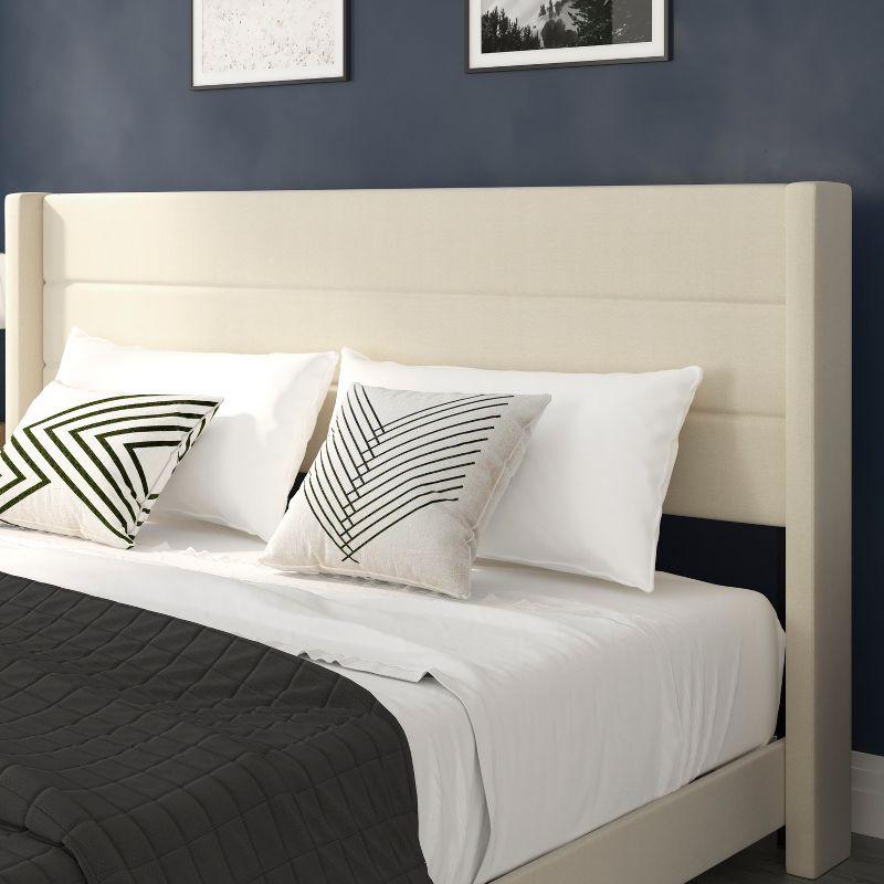 Flash Furniture King Size Upholstered Platform Bed with Wingback Headboard-Beige Faux Linen