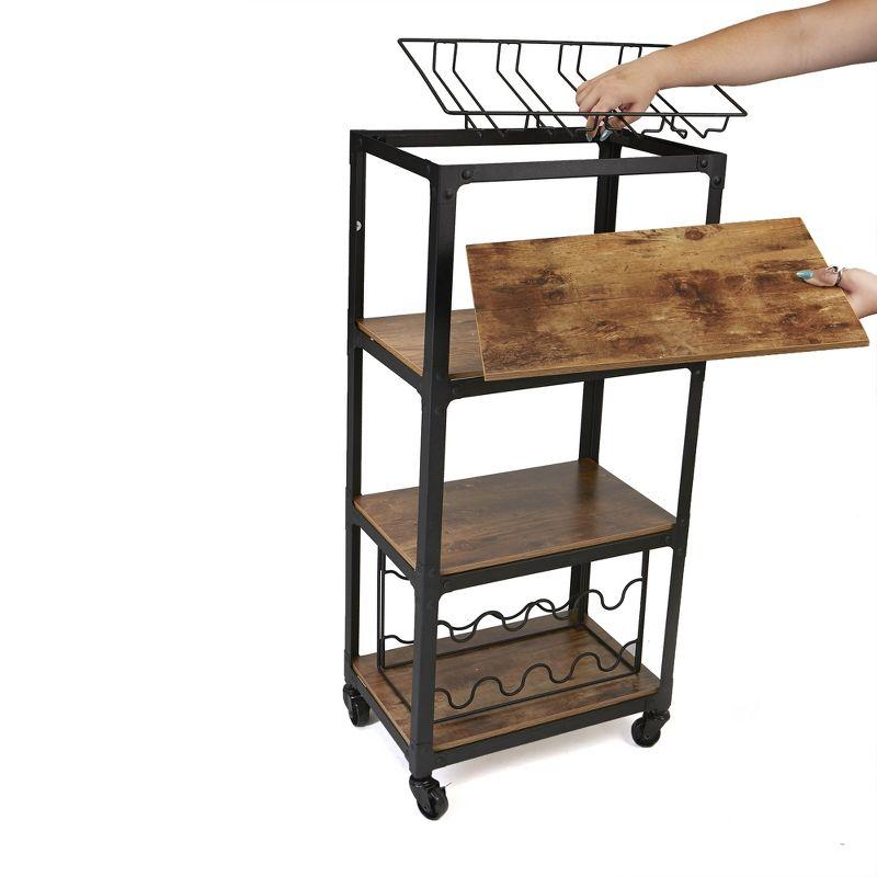 Black Wood and Metal Rolling Bar Cart with Wine Rack