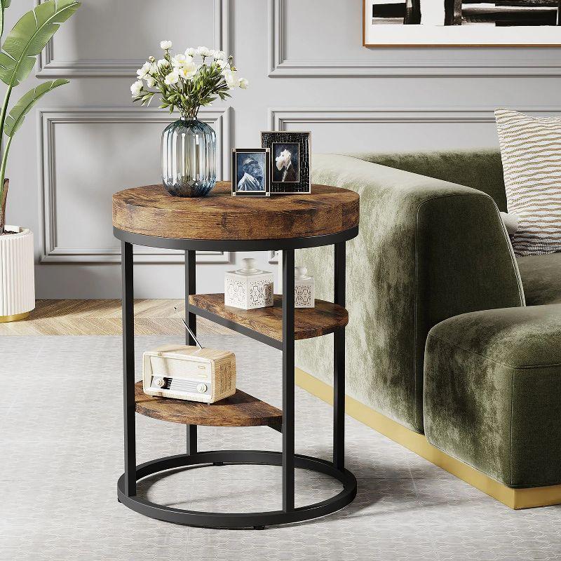 Hommoo Round End Table, Small Side Table with 3-Tier Shelves