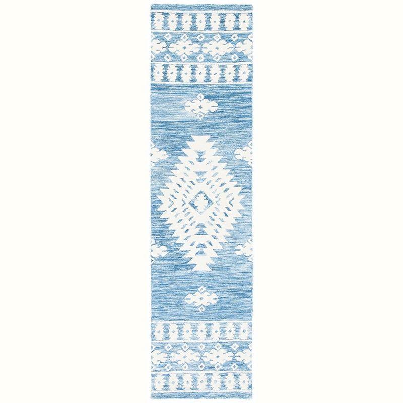 Ivory and Blue Geometric Wool Runner Rug