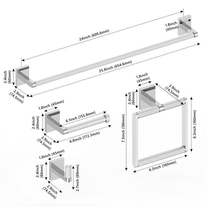 LOVMOR Bathroom Hardware Including 24" Hand Towel Bars, Toilet Paper Holders, Towel Rings, Robe Towel Hooks (4pcs, Brushed Nickel)