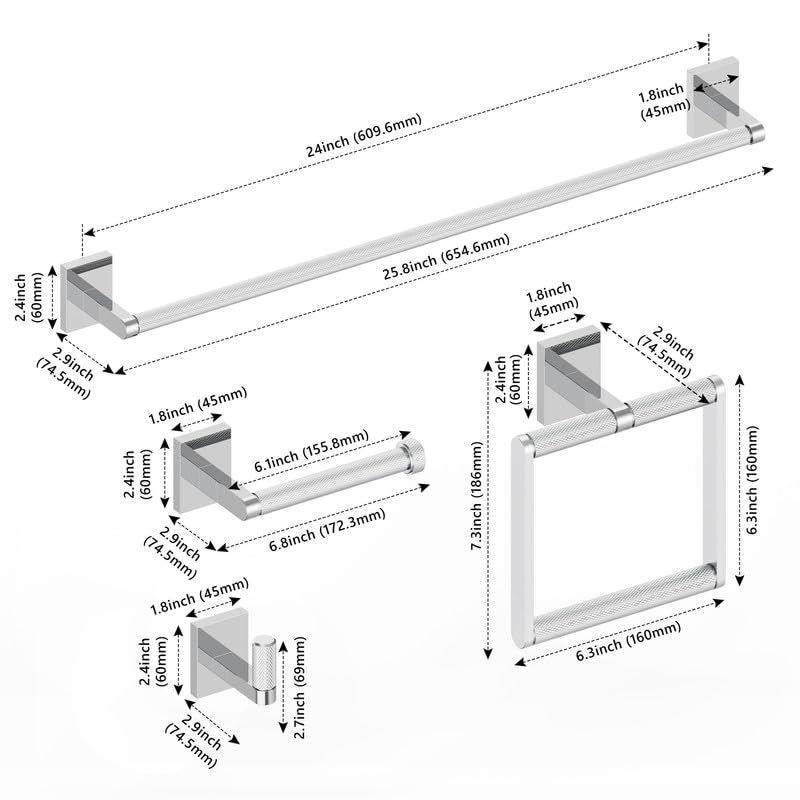 LOVMOR 4-piece Bathroom Hardware Set Including 24" Hand Towel Bars, Toilet Paper Holders, Towel Rings, Robe Towel Hooks