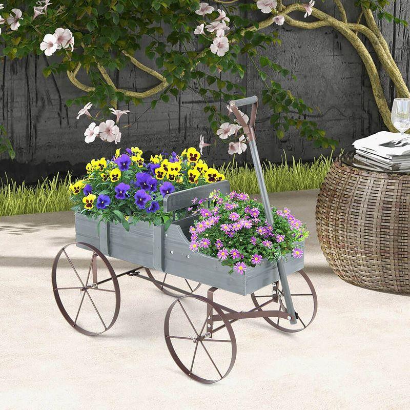 Wooden Wagon Plant Bed With Metal Wheels For Garden Yard Patio