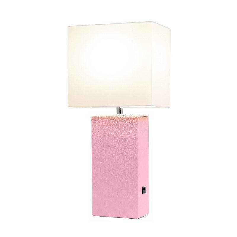 Modern Leather Table Lamp with USB, White Linen Shade, No Assembly - Elegant Designs: UL Listed, 1-Way Switch