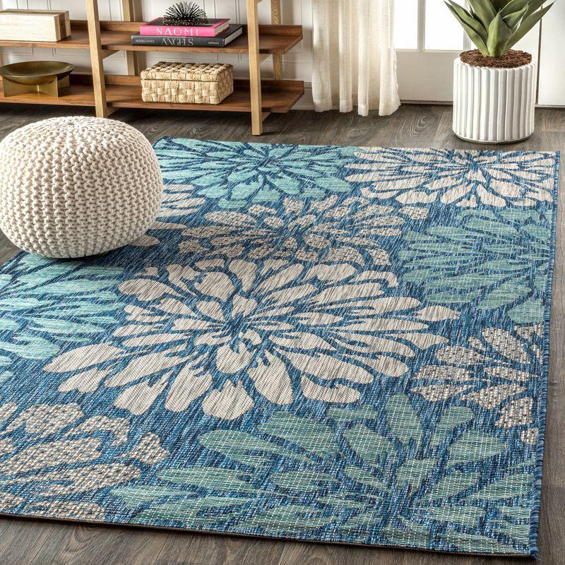 3'x5' Zinnia Modern Floral Textured Weave Indoor/Outdoor Area Rug, Navy/Aqua - JONATHAN Y