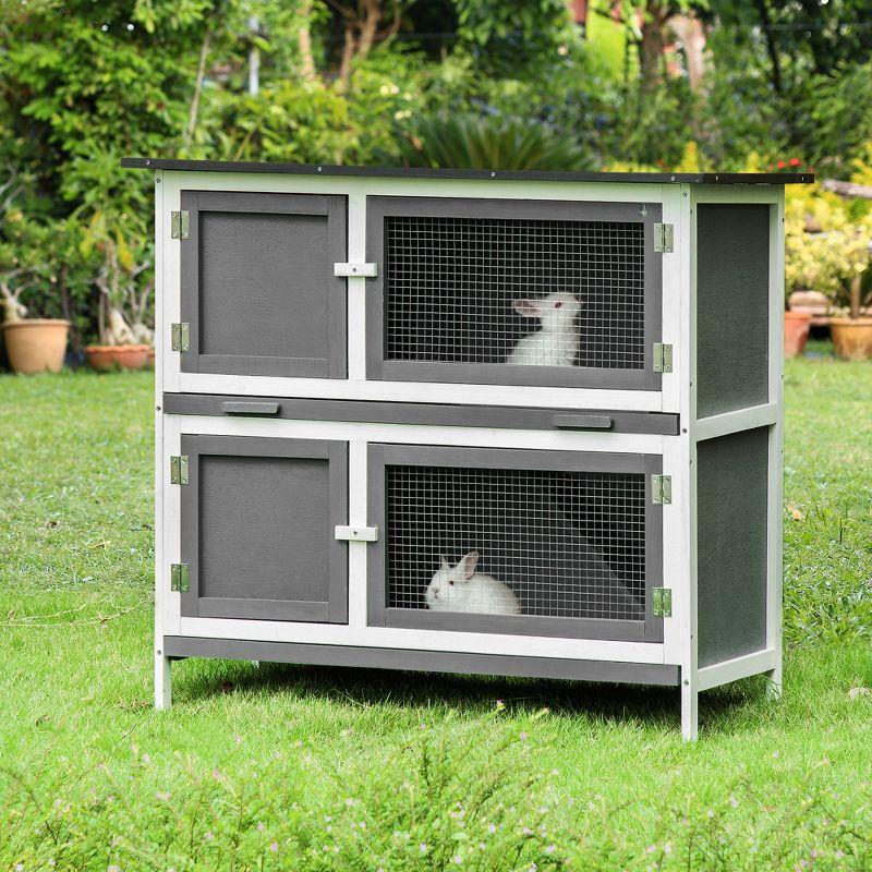 PawHut Wooden Bunny Hutch Rabbit Hutch Small Animals Habitat with Ramp, Removable Tray and Weatherproof Roof, Indoor/Outdoor