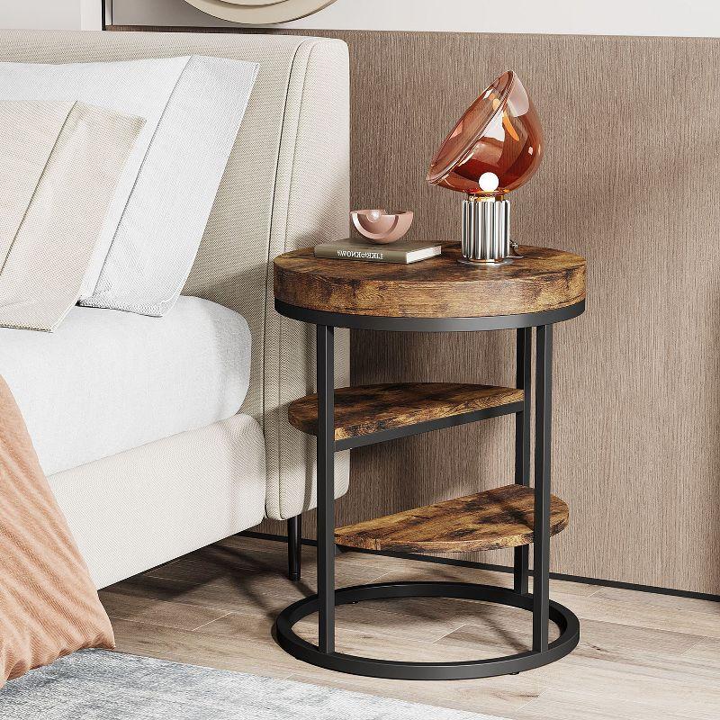 Hommoo Round End Table, Small Side Table with 3-Tier Shelves