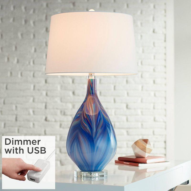 Blue Art Glass Table Lamp with White Fabric Shade and USB Port