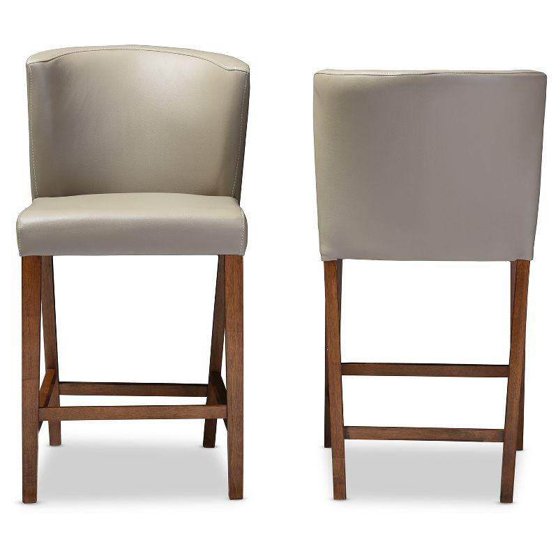 Mid-Century Modern Walnut Wood & Grey Faux Leather Pub Stools (Set of 2)