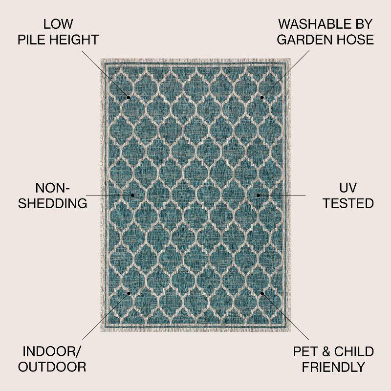 5' Round Trebol Moroccan Trellis Textured Weave Indoor/Outdoor Area Rug, Teal/Gray - JONATHAN Y