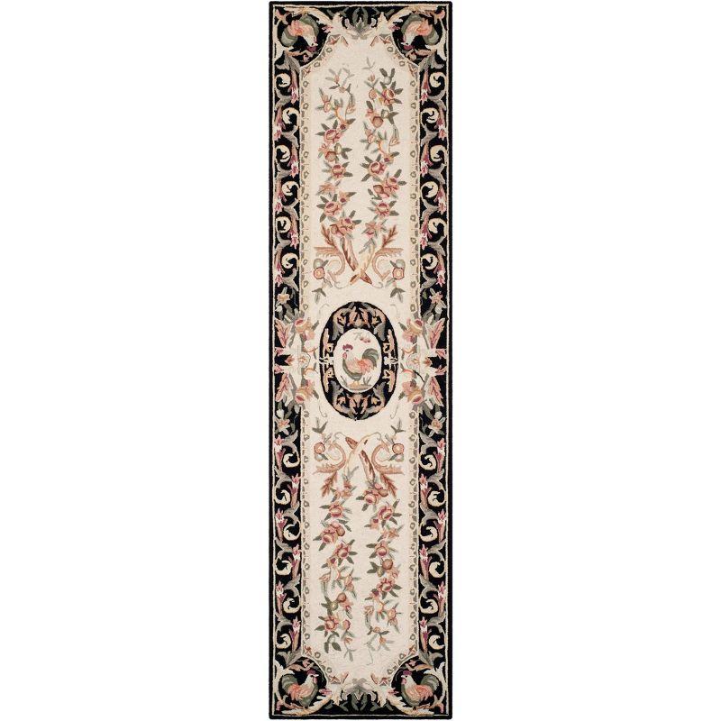 Ivory and Black Hand-Knotted Wool Runner Rug