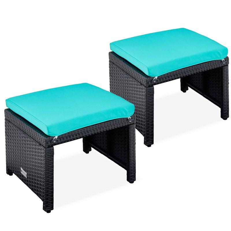 Patio Wicker Ottomans with Removable Cushions and Steel Frame - Black/Teal