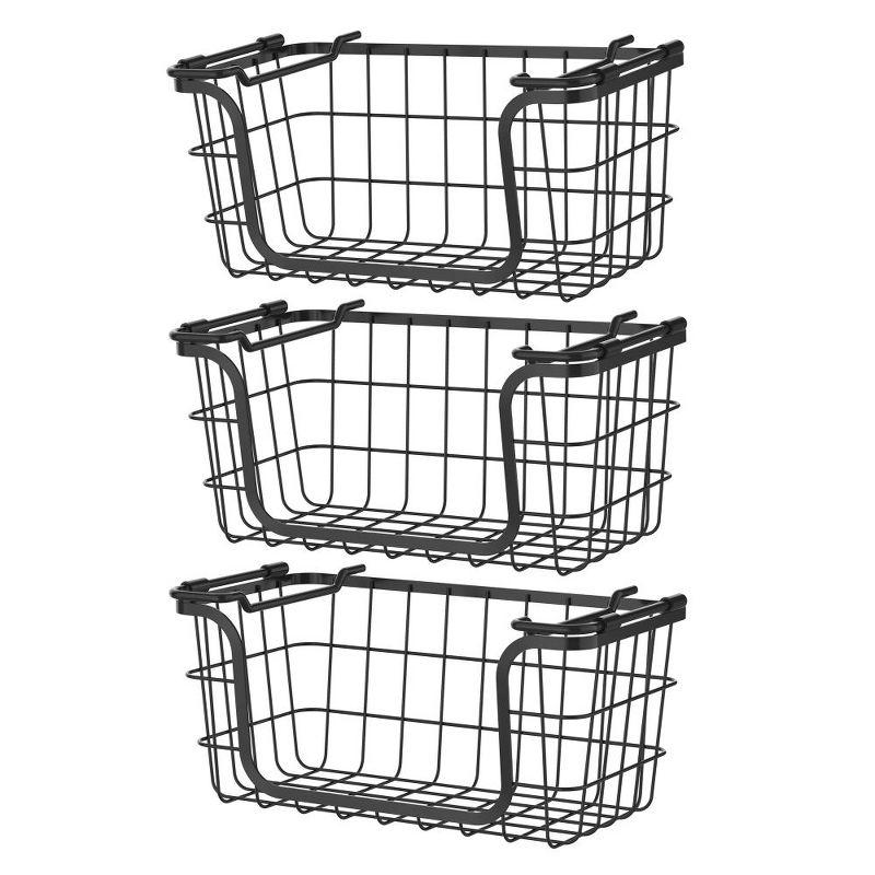 Modern Black Metal Wire 3-Piece Stackable Storage Basket Set