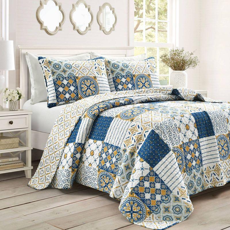 Monique King Navy and Mustard Cotton Reversible Quilt Set