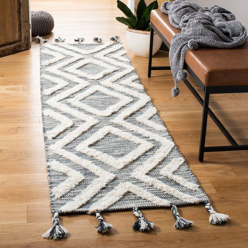 Teal and Ivory Hand-Knotted Wool Runner with Fringe