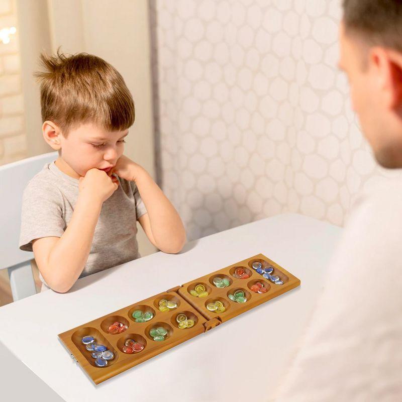 Folding Oak Mancala Board Game with Multicolor Glass Stones