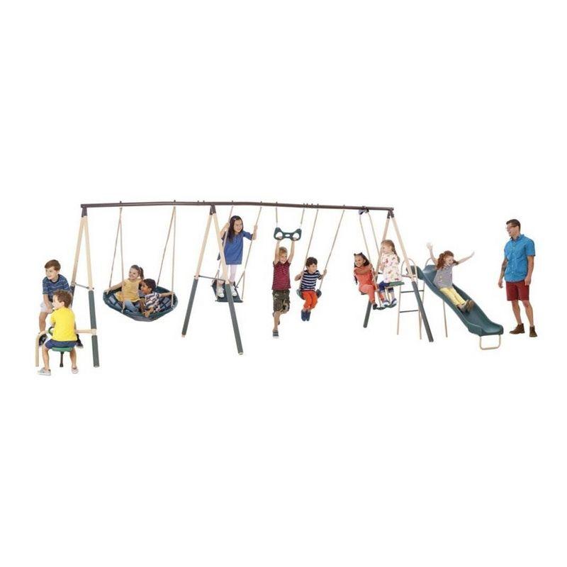 XDP Recreation Deerfield Swing Set,10 Child Capacity Backyard Playground w/ Slide, See-Saw, Trapeze Swing, Fun-Glidr, Swing Seat, & Stand N Swing