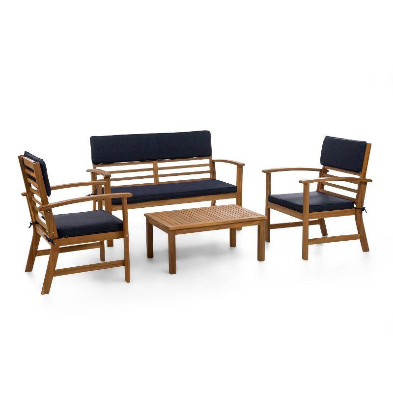 Greemotion 4-Piece Acacia Wood Outdoor Conversation Set with Blue Cushions