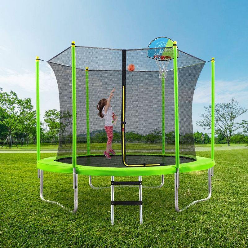 Trampoline For Kids, 10FT Trampoline With Safety Enclosure Net, Basketball Hoop And Ladder, Outdoor Round Recreational Trampoline