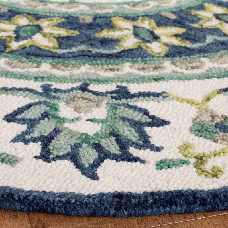 Ivory and Blue Floral Round Wool Area Rug