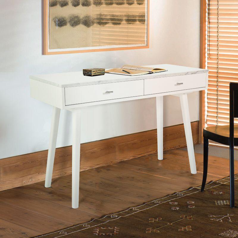 The Bianco Collection Viola 44" Rectangular Italian Carrara White Marble Writing Desk with White Legs