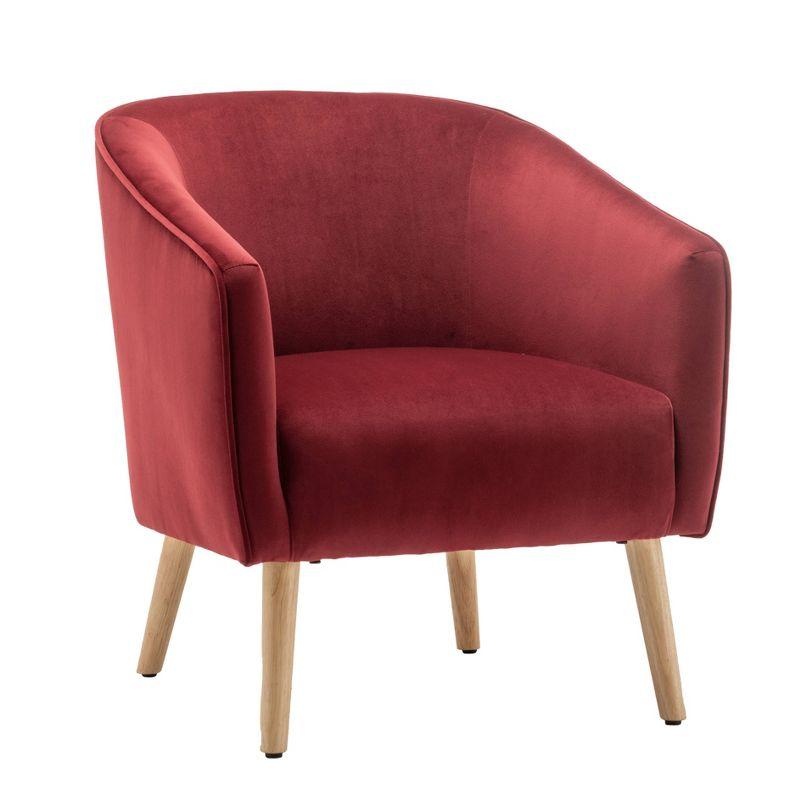 Sienna Red Velvet Barrel Accent Chair with Natural Wood Detailing