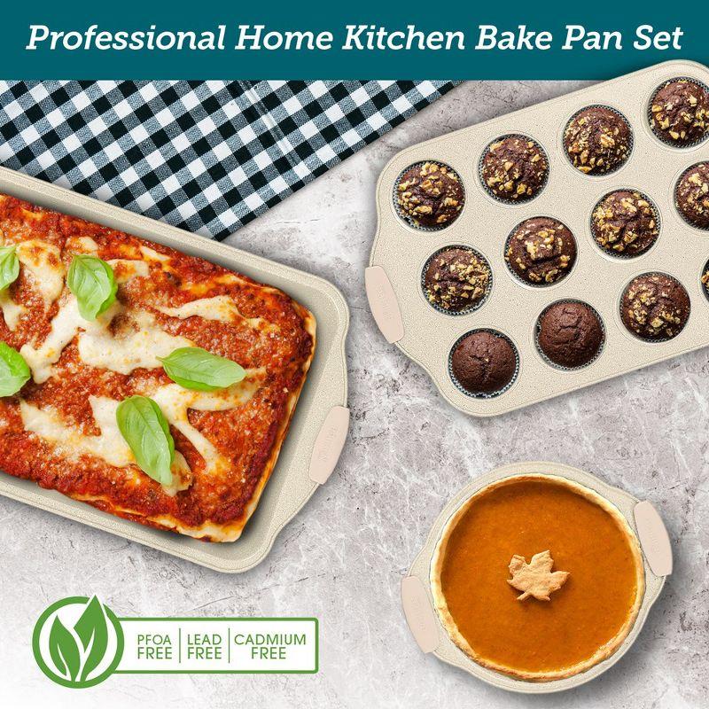 BAKKEN 6-Piece Deluxe Nonstick Baking Pan Set - Professional Grade Carbon Steel Bakeware with White Marble Coating & Silicone Handles